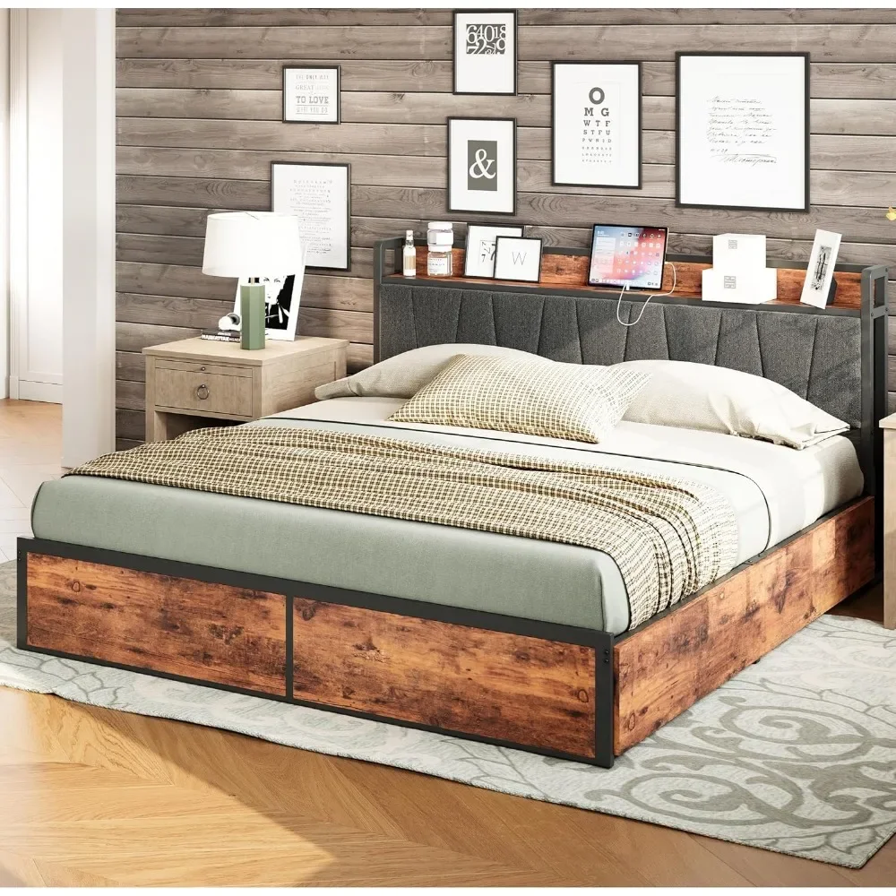NEW-LIKIMIO King Bed Frame with 4 Storage Drawers, Platform Bed with Charged Headboard, Sturdy and Stable, No Noise, No Box Spri
