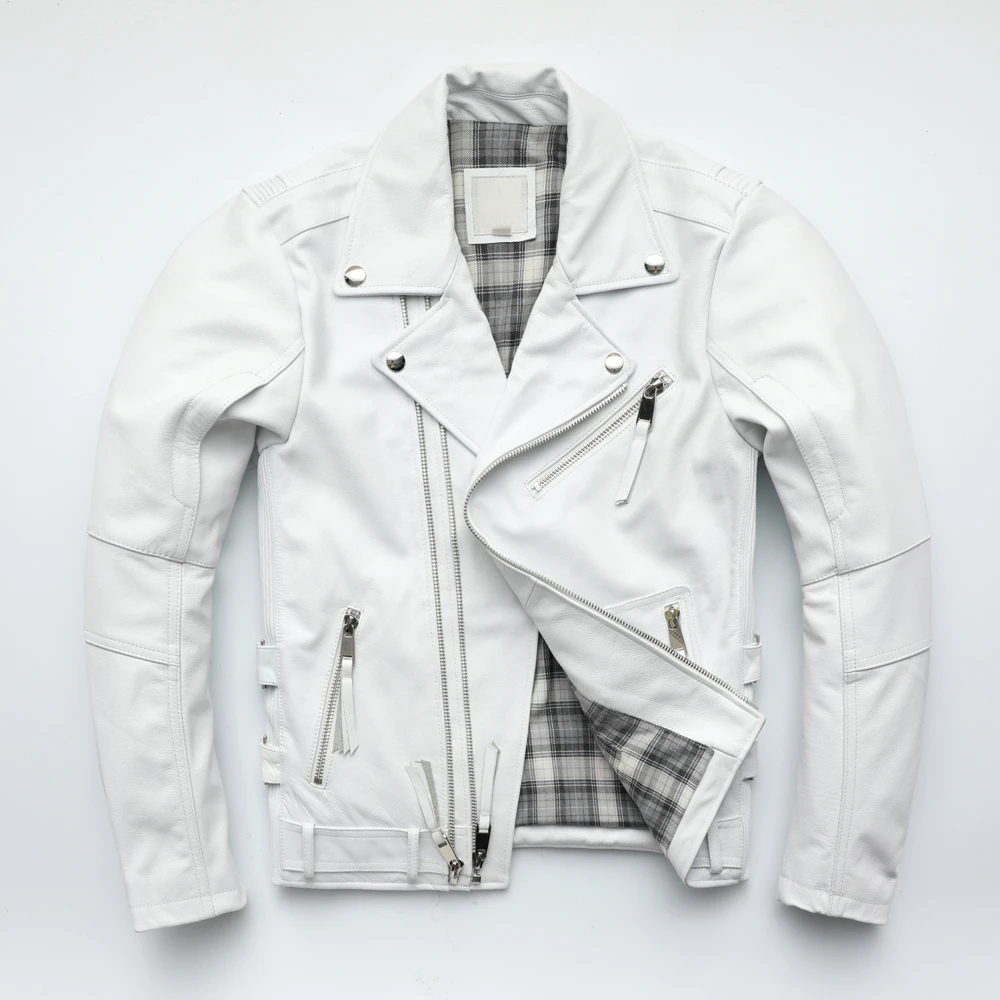 Men Leather Jacket Motorcycle Leather Jacket Natural Genuine Cowhide Slim Fit Vintage Mens Biker Racer Jackets Oblique Zipper