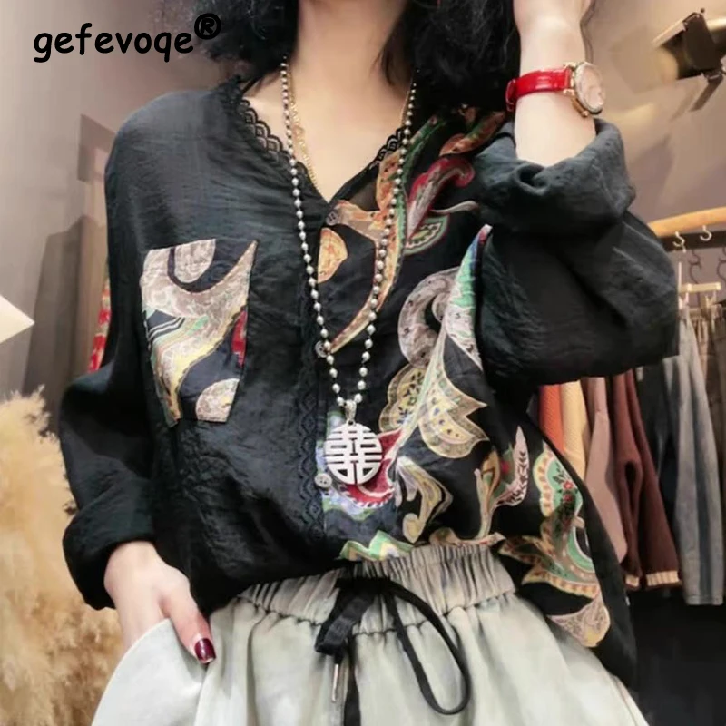 

Women Trendy Vintage Ethnic Style Lace Patchwork Blouses Spring Autumn Casual Print Long Sleeve Shirts Female V Neck Loose Tops