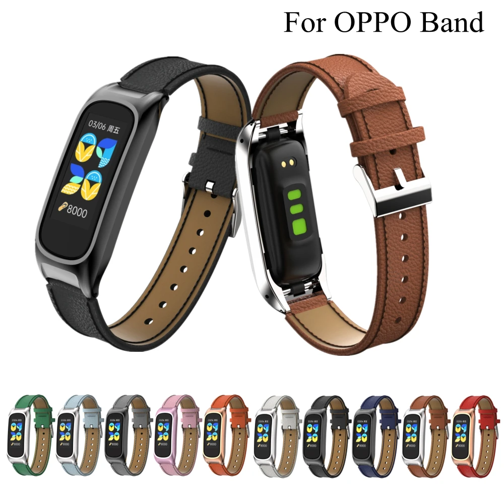 Кожаный ремешок для OPPO Band Smartweatch кожаный браслет серебристый черный чехол
