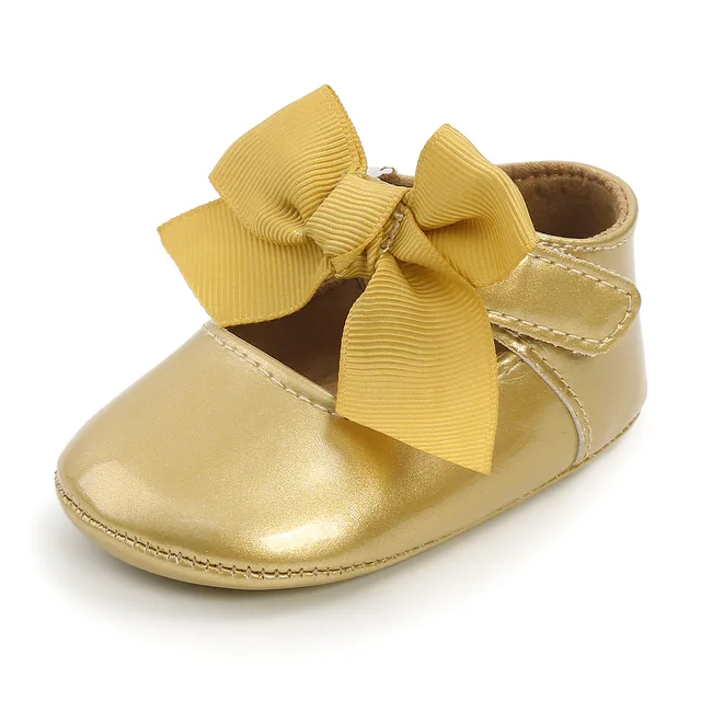 Newborn Baby Shoes Baby Boy Girl Shoes Girl Classic Bowknot Rubber Sole Anti-slip PU Dress Shoes First Walker Toddler Crib Shoes Gold