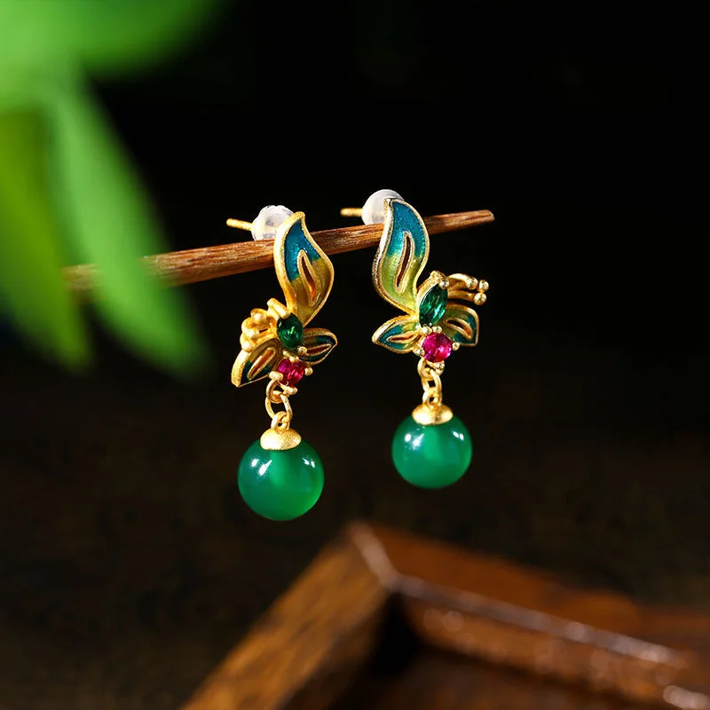 New Chinese Fashion Natural Jade Pendant Stud Earrings for Women Retro Design Small Luxury Jewelry Painted Enamel Elegant Gifts 3