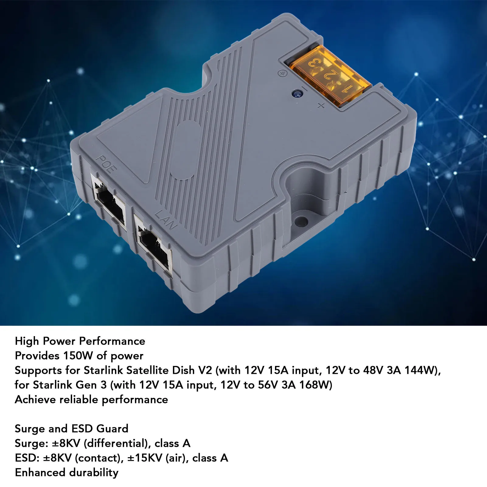 PoE Injector 150W GigE Passive Surge ESD Guard with Gigabit High Speed for Dishy V2 for Starlink Gen3 3A DC48‑57V