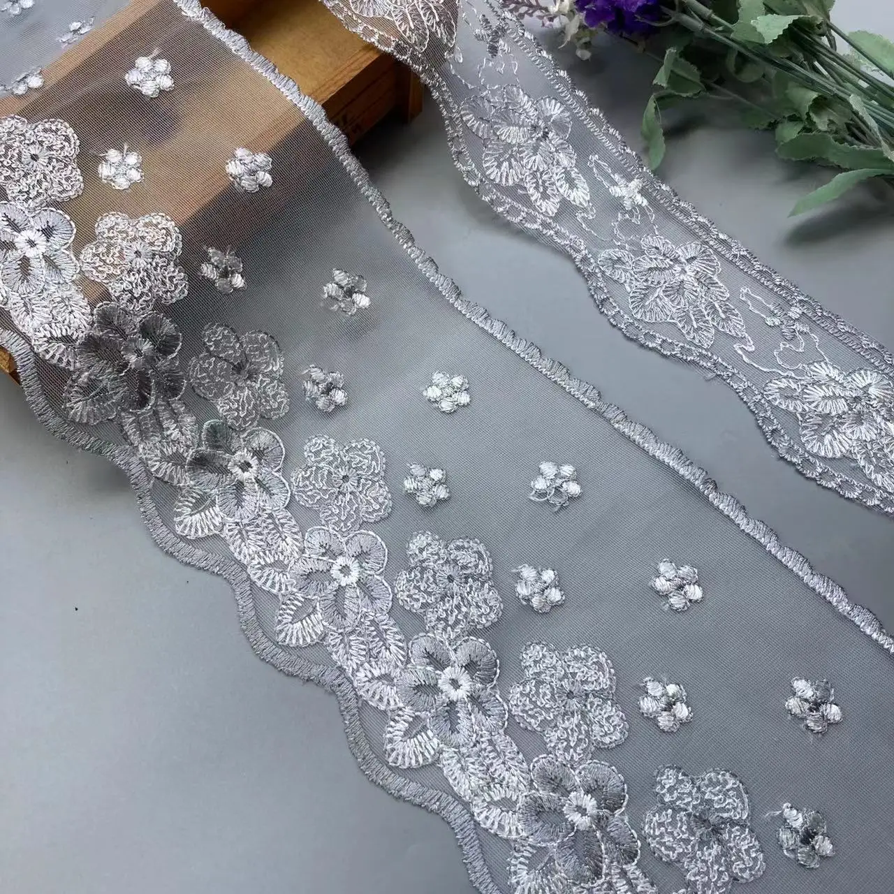 

3 yard Gray Flower Embroidered Lace Ribbon Trims for Home Textiles Sofa Covers Trimmings Mesh Applique Sewing Fabric 16cm 6.5cm