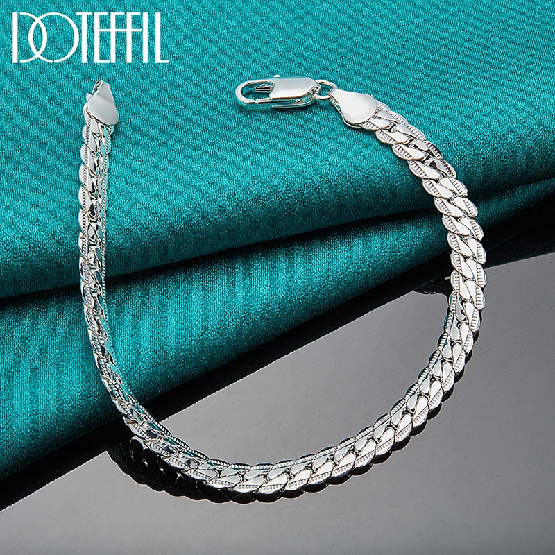 DOTEFFIL 925 Sterling Silver Bracelet 6mm 18/19/20cm Flat Side Chain Lobster Clasp For Woman Man Wedding Engagement Jewelry 6