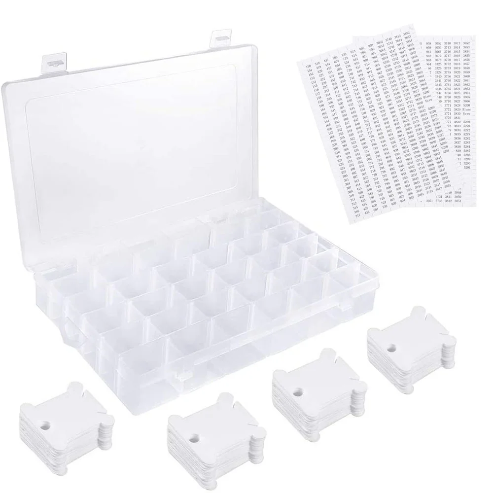 

36 Grids Plastic Embroidery Floss Organizer Box & 50 Floss Bobbins & 2PCS Floss Number Stickers for Sewing Storage