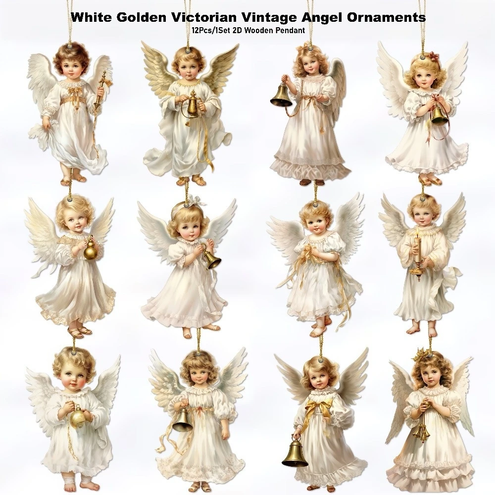 36/12pcs Christmas Vintage Wooden White Angel Pendant Merry Christmas New Year Pendant Gift Christmas Tree Decor Supplies