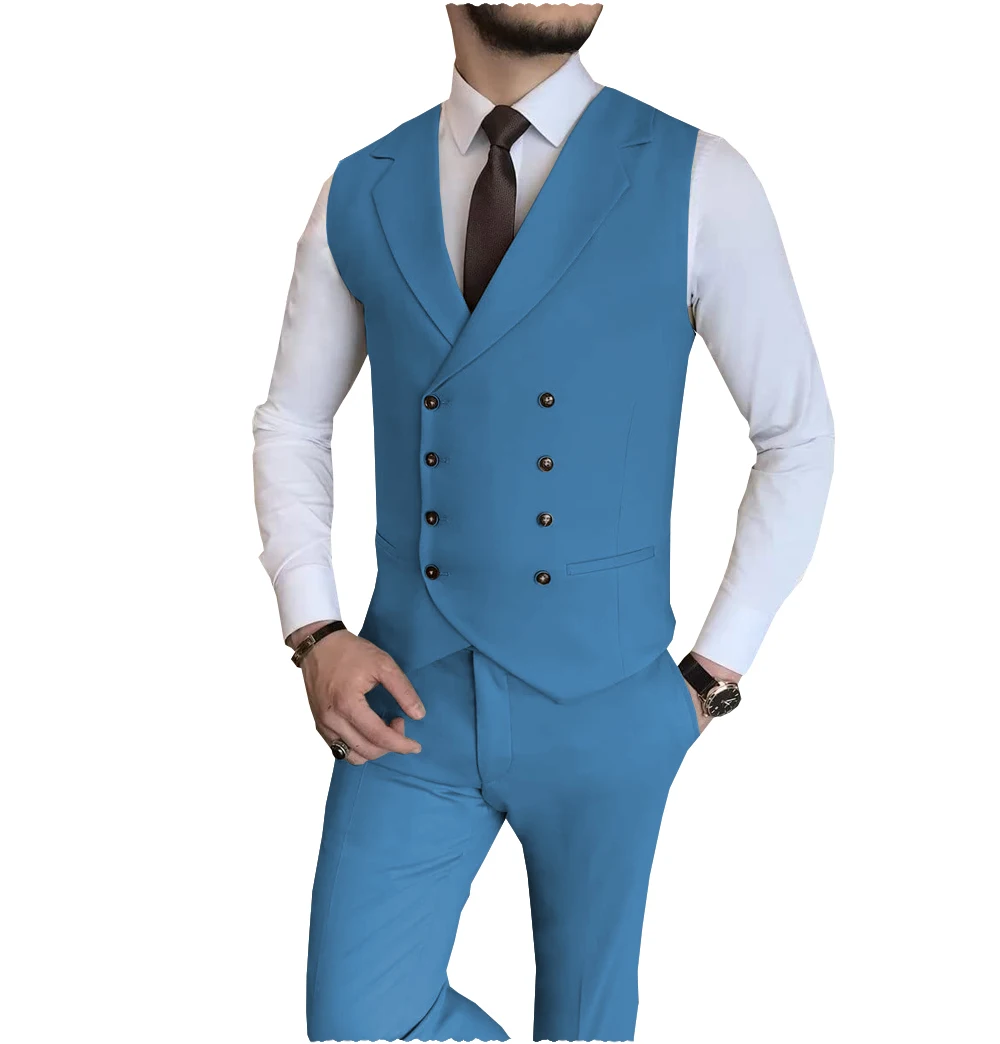 Black Men Vest Notch Lapel Double Breast Waistcoat Fashion Boutique Casual Business Groom Wedding Tuxedo Dress（Vest+Pants）