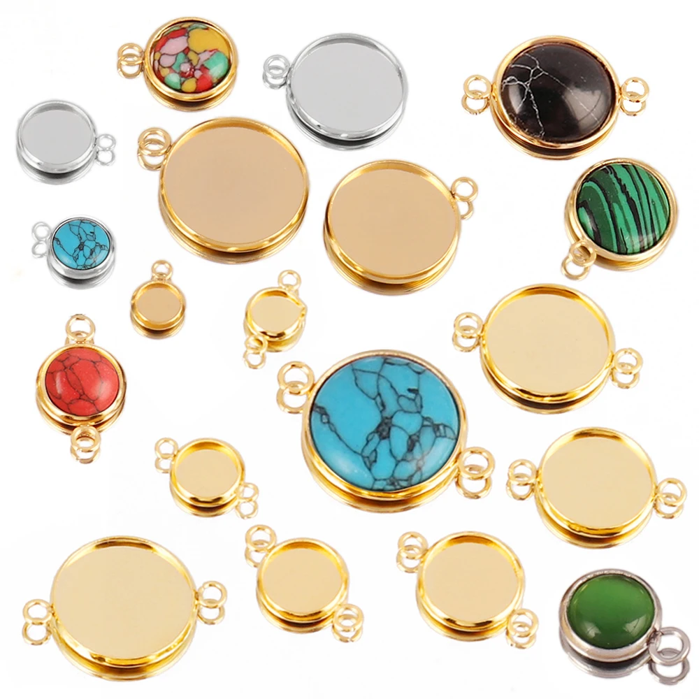 10 Stück Edelstahl-Harz-Rohling-Cabochon-Cameo-Grundtablett-Fassung, Blenden, blanko, Doppellöcher, Charm für die Schmuckherstellung