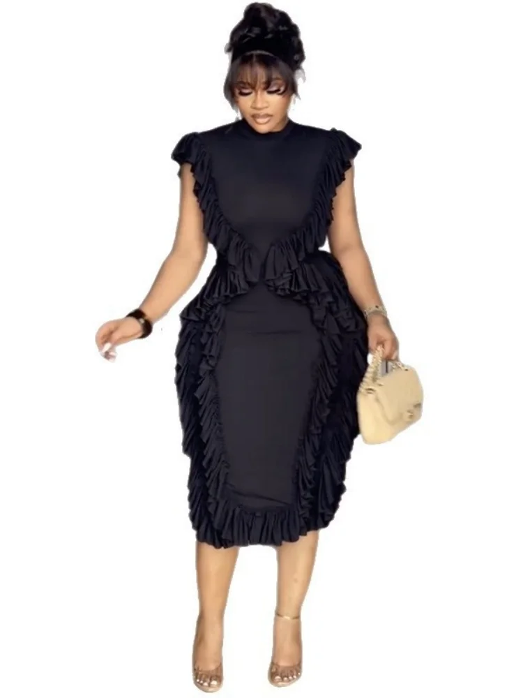 Wmstar Dress Women Wholesle New 2025 Summer Fashion Ruffled Waist Cinching Solid Color Body Hugging One Piece Luxury Clothe