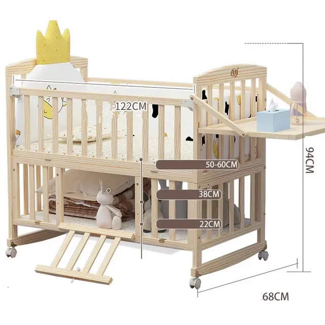 Solid Pine Wood Baby Crib Stitching Big Bed, Multifunctional Kid Cot Can Extend To 168cm Suit For Elder Children 5