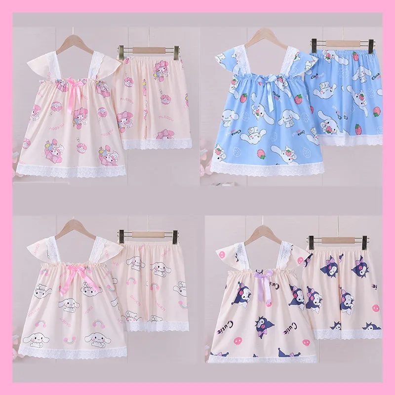

Новинка 2023, летняя детская пижама Sanrioed Kawaii My Melody Kuromi Cinnamoroll, детская одежда для сна с коротким рукавом