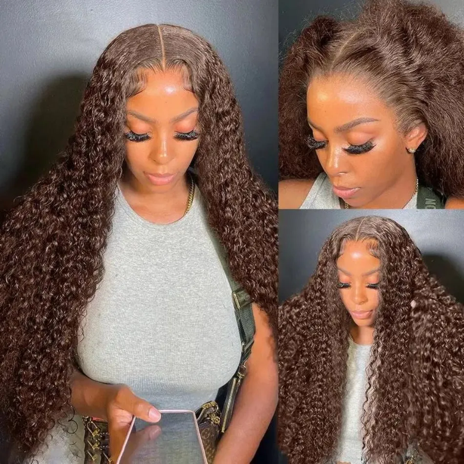 Chocolate Brown Human Hair Wigs 100% 13X6 Hd Lace Frontal Wig Curly Deep Water Wave Lace Front Wig Brazilian 250 Density 30 Inch