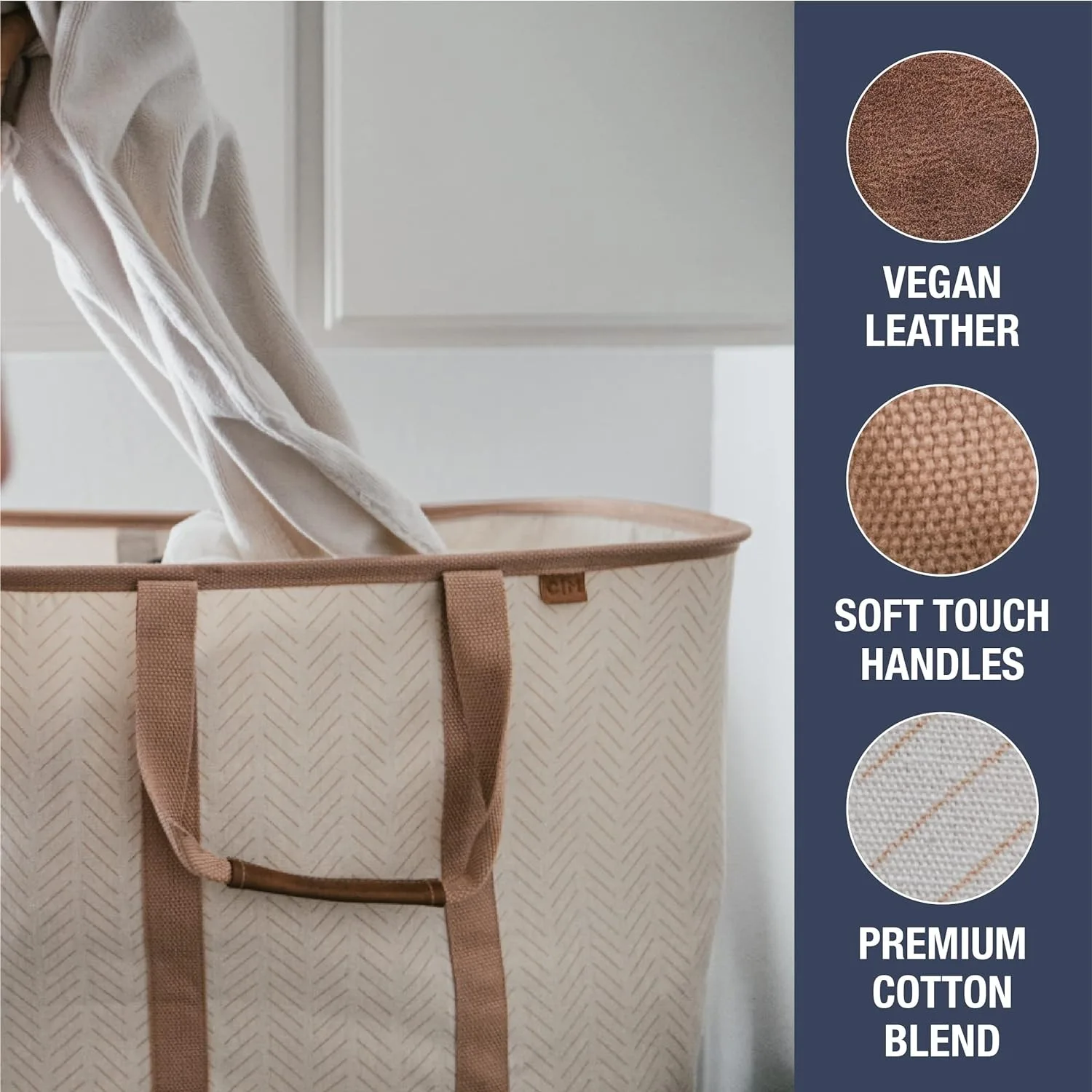 CleverMade Collapsible Laundry Tote, LUXE Cream Herringbone 2PK-50L (13 Gal) Premium Cotton Blend Collapsible Laundry Baskets