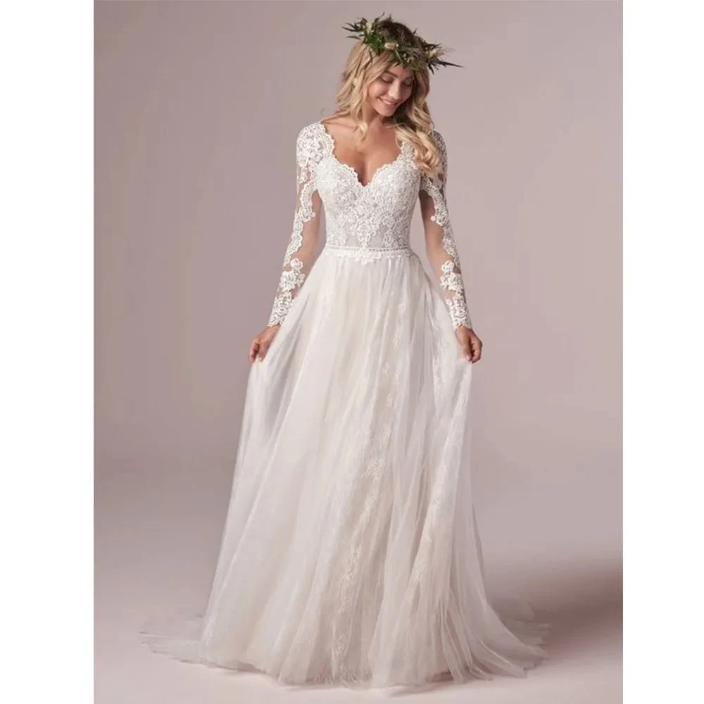 

Boho New V-Neck Long Sleeve Wedding Dress Backless Buttons Gown Sweep Train Tulle Lace Appliques A-Line Formal Soirée Vestidos