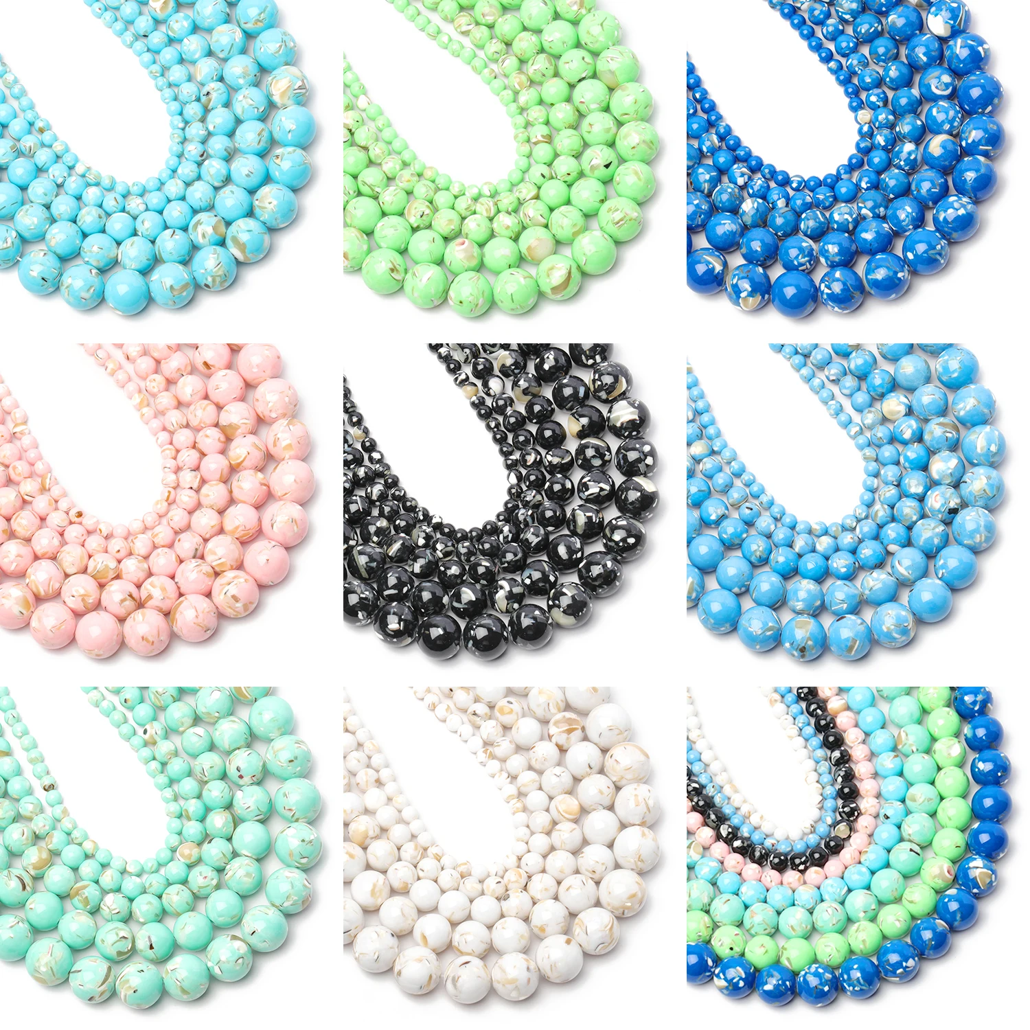 Natural Trochus Shell Turquoise Round Beads 4-12mm - Blue and Pink Loose Beads for DIY Jewelry and Bracelet Making, 15 Strand