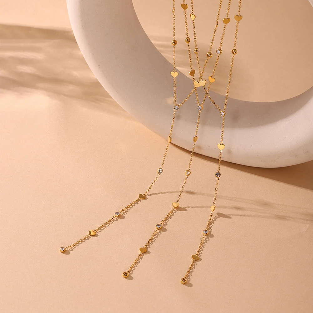 Liora Fashion Heart Chain Stainless Steel Zircon Long Necklaces