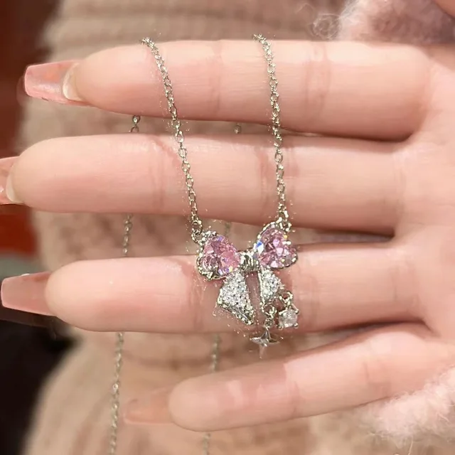 Sweet Pink Bow Necklace Ladies Fashion Sparkling Rhinestone Star Shape Pendant Clavicle Chain Delicate Wedding Accesories 2