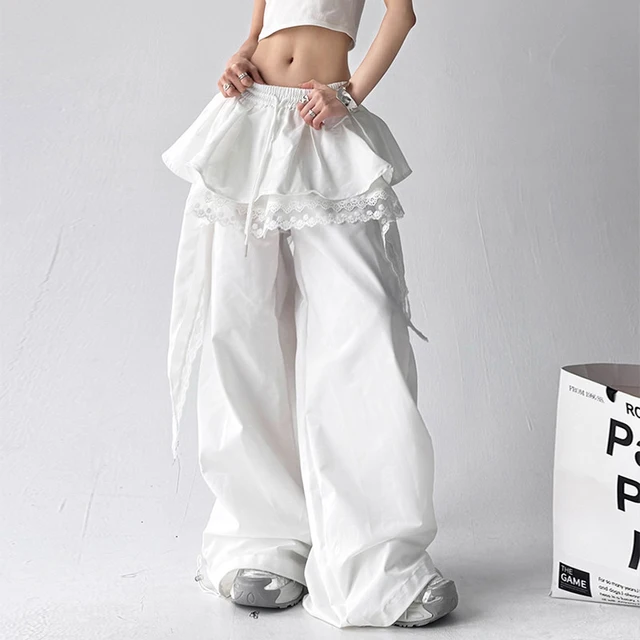 MEXZT Y2K Black Cargo Pants Women Streetwear Lace Patchwork White Wide Leg Pants Summer Gyaru Harajuku Korean Baggy Trousers New 2