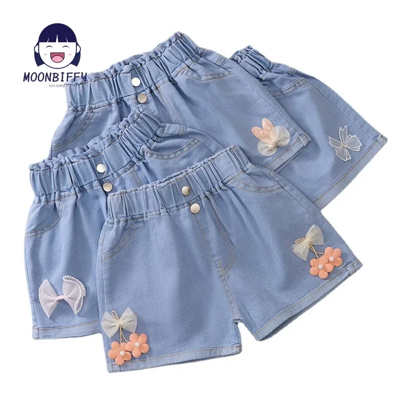Kids Shorts Girls Denim Shorts Summer Cartoon Fashion Cute Floral Lace All-match Children's Pants Girls Denim Teenagers