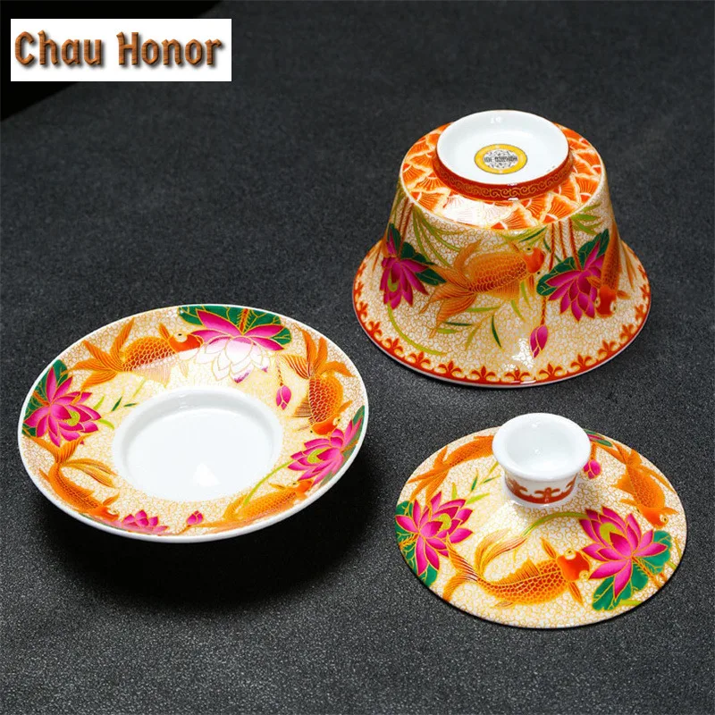 250ml Enamel Color Sancai Gaiwan Master Cups Retro Chinese Tea Set Teacup Lid And Saucer Set Teaware Chrysanthemum Tea Teaware