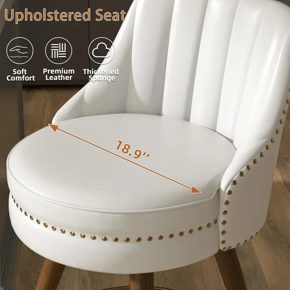 counter height bar stools set of 2, 24" leather white bar stools with backs, swivel counter stools with wooden legs for kitchen,