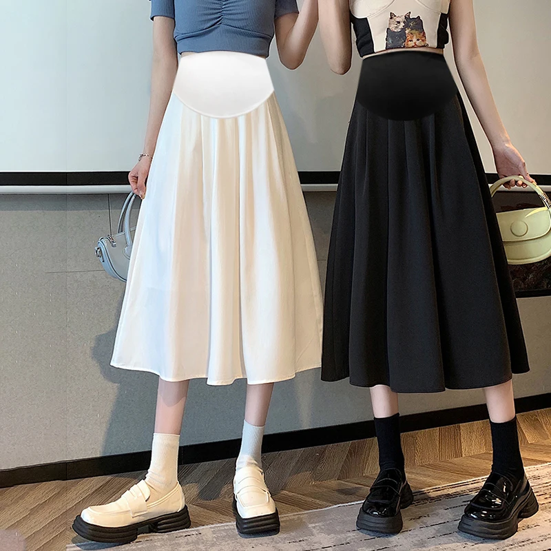 French Style Summer Pregnant Woman Pleated Skirts New Maternity Blazer Pleated Skirt-A-Line Midi Flared Skirt for Women