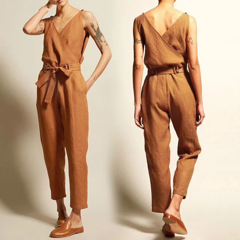 

2022 Summer Plus Size Women Jumpsuits Solid Color Vintage Casual Sleeveless Playsuits Popular New Romper