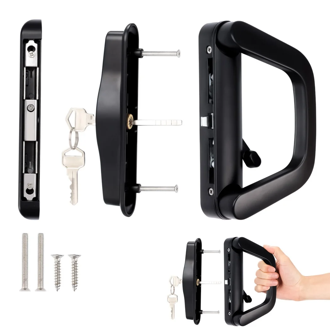 Sliding Door Handle Set with Key Cylinder Door Handle Mortise Lock Replacement Fits Thickness Of 0.75-1.4&rsquo;&rsquo; Lock Set
