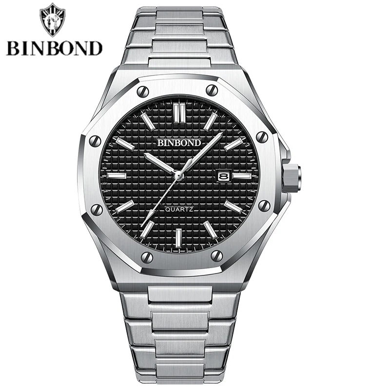 BINBOND Men's Classic Silver Stainless Steel Quartz Watch with Luminous Dial