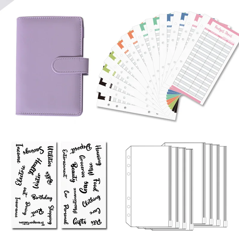 Leder-Budgetordner, Planer, 6 Löcher, 8 Reißverschluss-Umschläge, 2 Aufkleber in einem Notizbuch, Geldbörse, zum Sparen von Geld, Organizer, Kassensystem