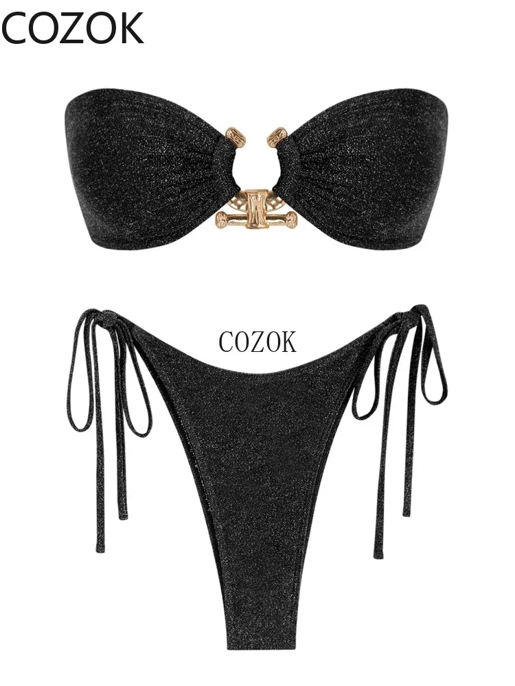 2024 Solid O Ring Swimsuit for Women Tie Side Shiny Metal Hardware Ring Bandeau Bikini Swimwear Padded  Bra Top Low Waisted