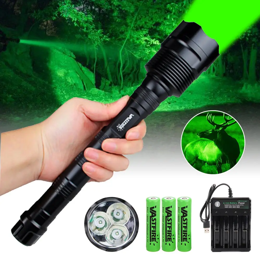 Professional Green/Red 3*LED Hunting Flashlight Tactical 1-Mode Torch USB Rechargeable Coyote Hog Pig Varmint Predator Lantern