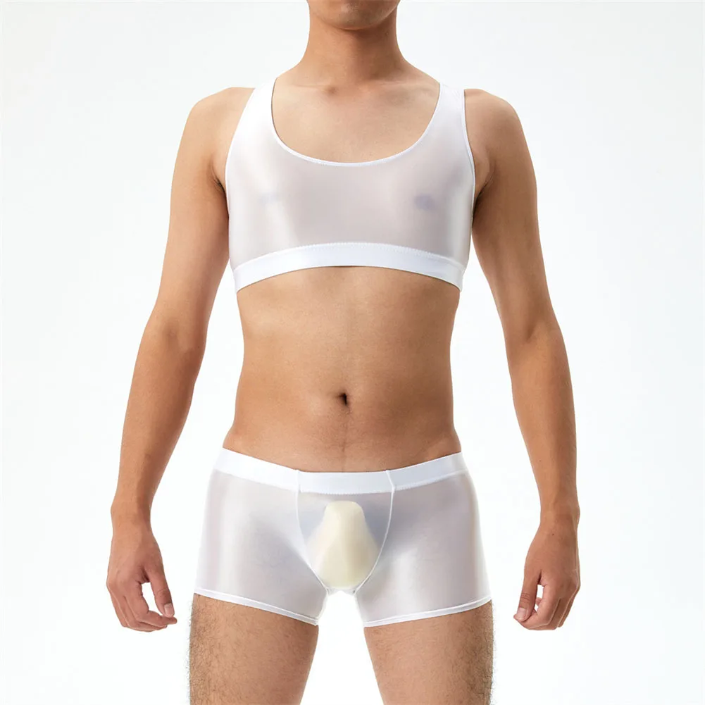 

Men Sexy Lingeries Set Oil Glossy Silky Vest Boxer Underwear Set Posing See-Through Top&Trunks Underpants Transparent Seductive