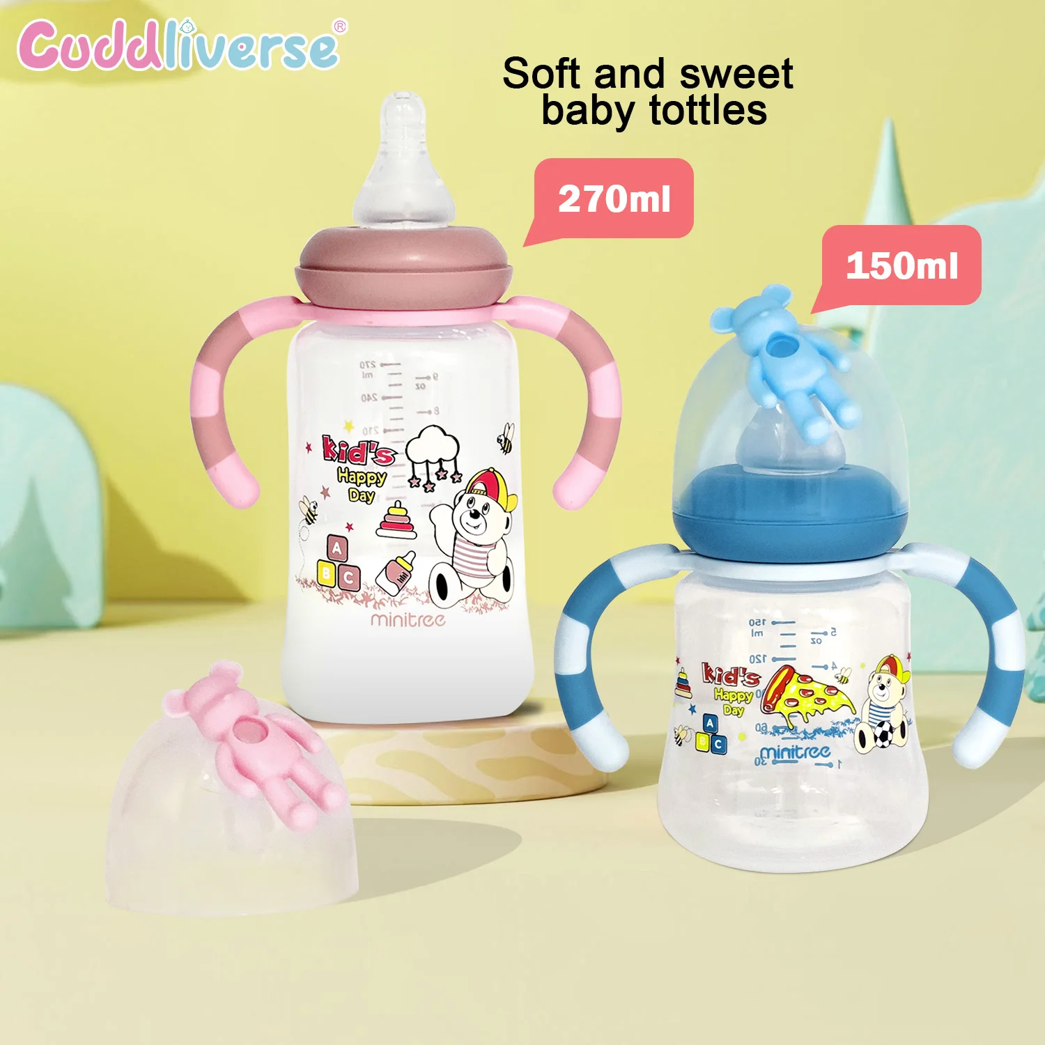 1PCS Bear wide diameter PP baby bottle with handle, clear scale, anti-flatulence baby bottle 2-in-1 can play and drink