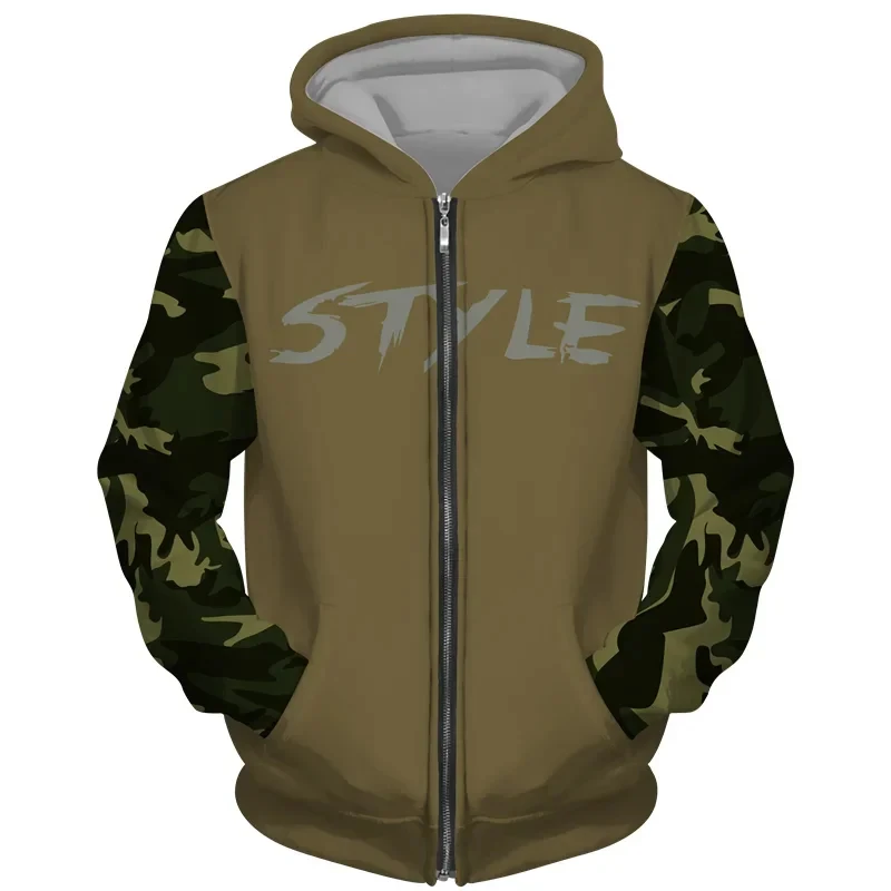 Camouflage Hoodie Casual Camouflage Pattern Zip Up Hoodies Fashion Simple 3D Alphabets Printed Sweatshirt Autumn Loose Streetwear Sports Pullovers