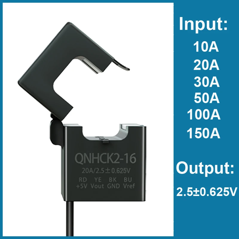 Sensor de corriente de núcleo dividido, QNHCK2-16 Hall 10A 20A 30 50A 100A/2,5 ± 0.625V 2,5 ± 2V ct, transformador de abrazadera, transductor de corriente CC hall