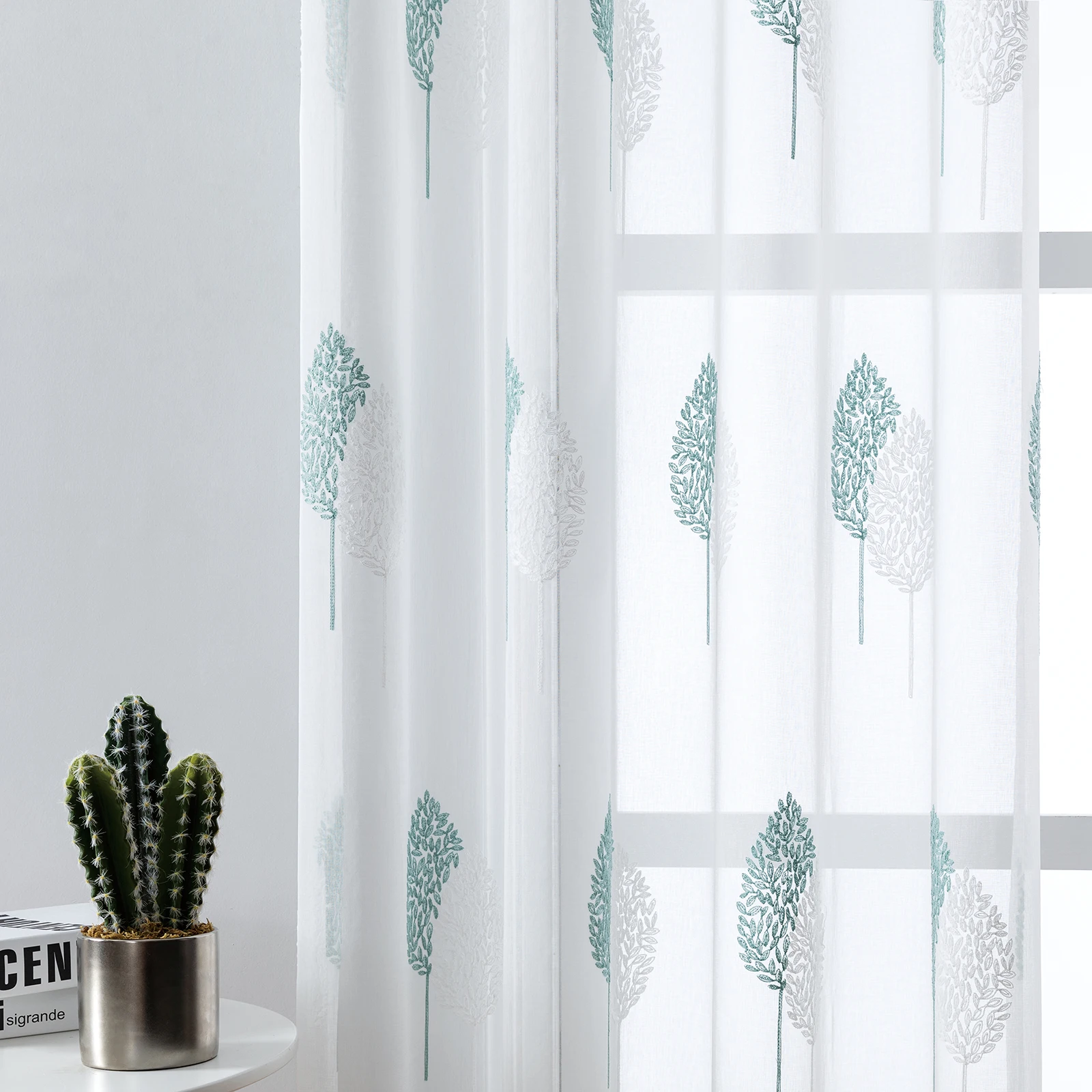Long Sheer Curtain - Embroidered Voile Curtain Panels with Rod Pocket for Bedroom & Living Room