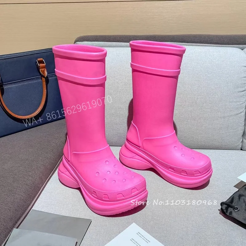 

Rose Pink Lightweight Rain Boots Woman Platform Waterproof Knee-High Boots Non-Slip Thick Sole Height Increasing Slip On Shoes