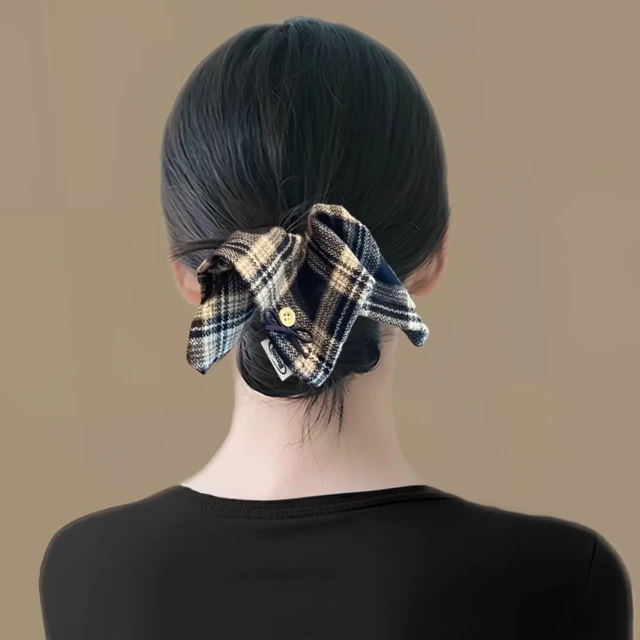 1PCAutumn Winter Plaid Scrunchie with Button Detail-Vintage Checkered Hair Accessory for Women, Hair Tie for Daily & Office Look