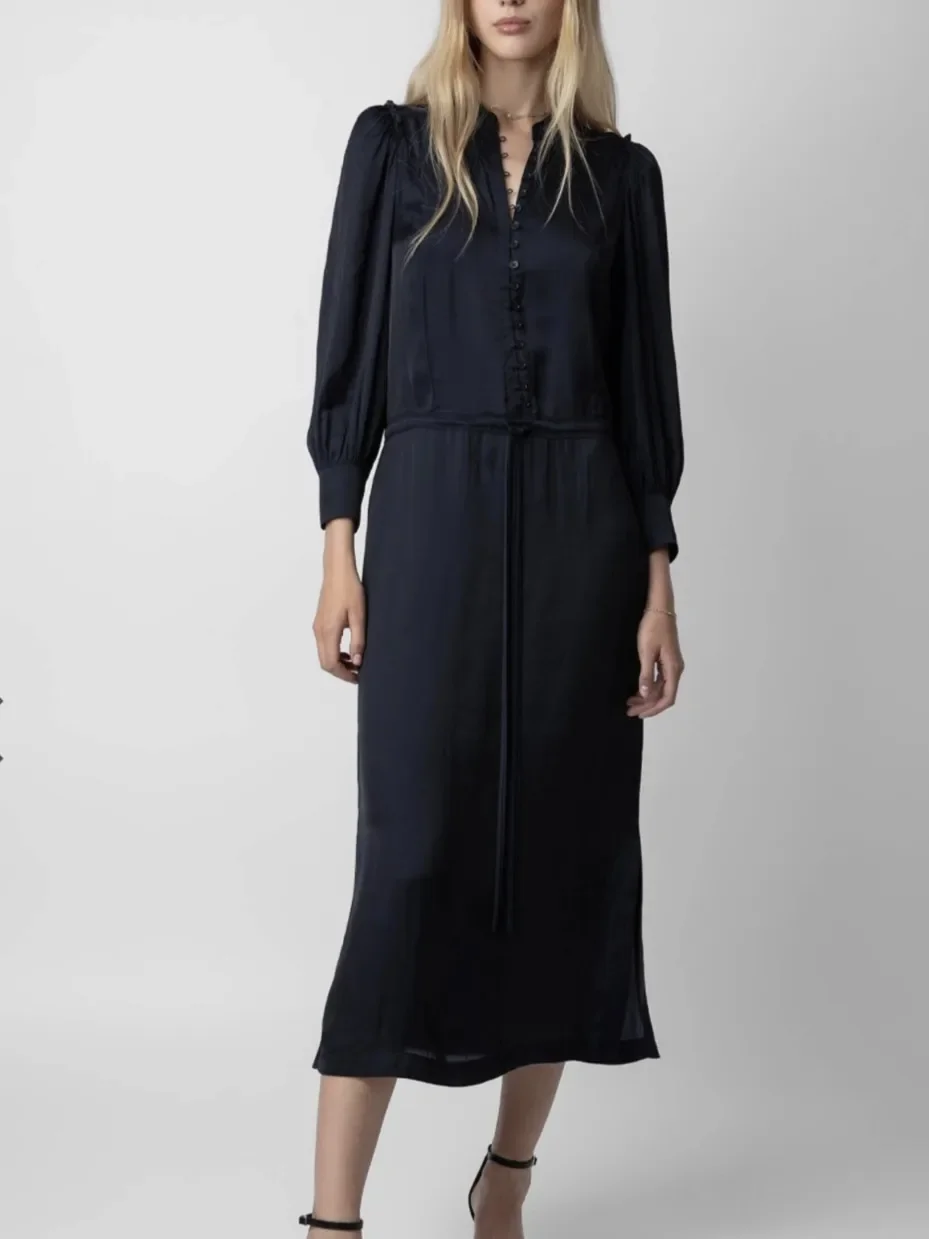 

Women Front Buttons Round Neck Drawstring Waist Long Sleeve Female Autumn 2023 Midi Dress