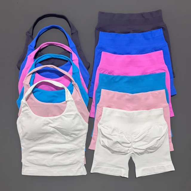 2 Pic Histello ensemble de sport femmes cou licou antichoc palangre à bretelles haut entraînement Scrunch Shorts ensembles Fitness vêtements costume de sport 1