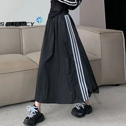 Black Vintage High Waist Skirt Women Plus Size Fashion Drawstring Loose Casual Midi Skirts Clothes Summer Elastic Waist