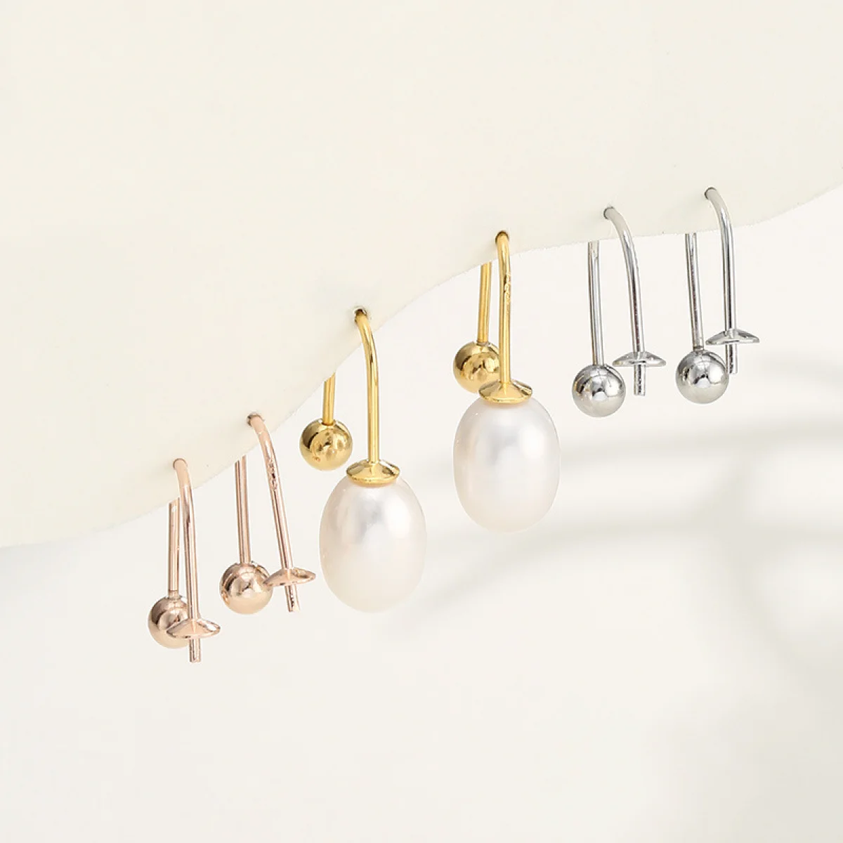 2 Pairs Silver 925 Drop Earrings Base fit 7-9mm Round Pearl Woman Charms Earrings Hooks Fine DIY Jewelry Accessories