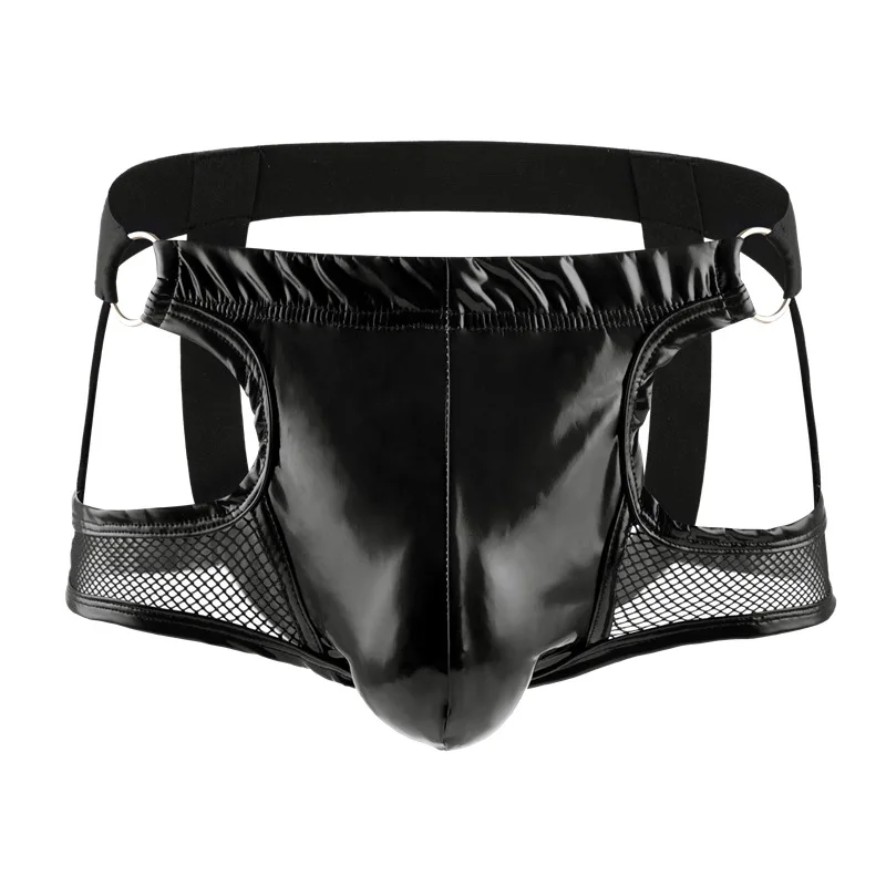 

Sexy Underpants Mesh Boxers Shorts Men Breathable Transparent PU Leather Open Back Hip Seamless Men's Underwear Convex Pouch