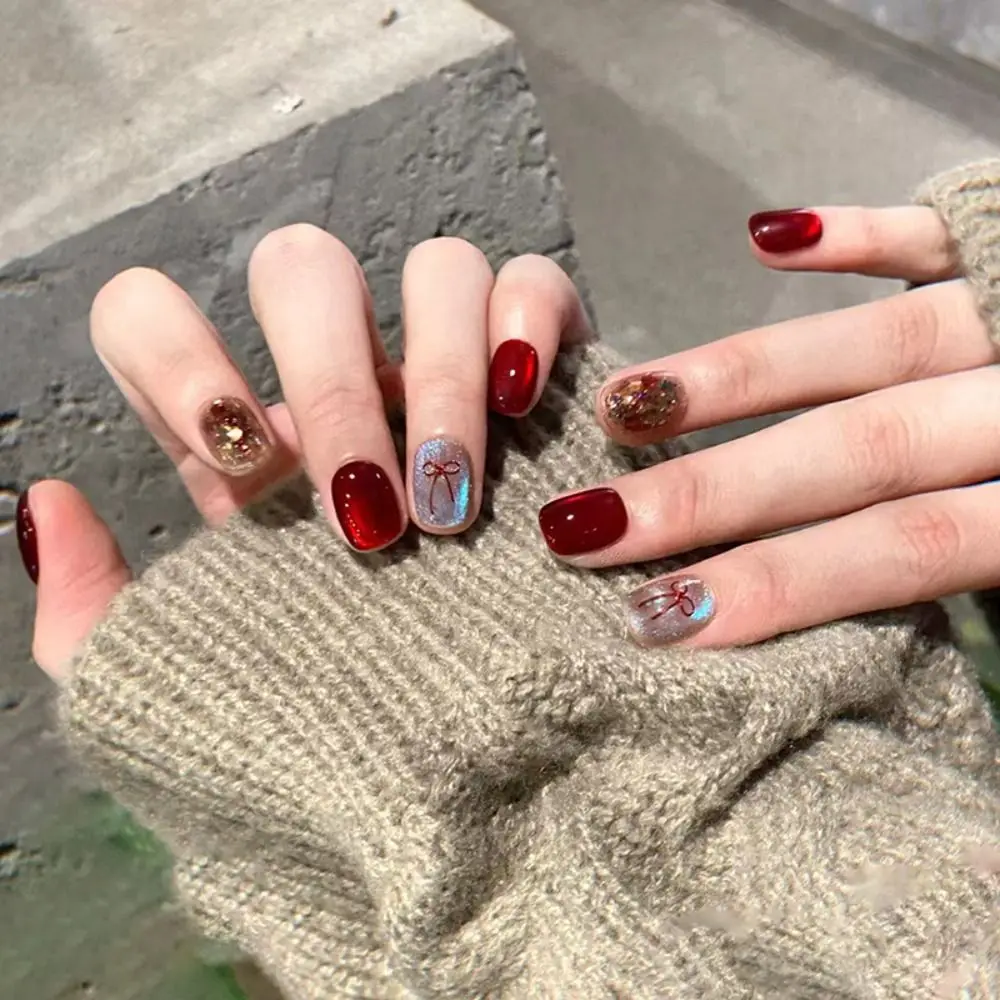 30pcs Short Ballerina False Nails Cat Eye Shining Slices French Fake Nails Full Cover Red Bow Heart Press on Nails Women