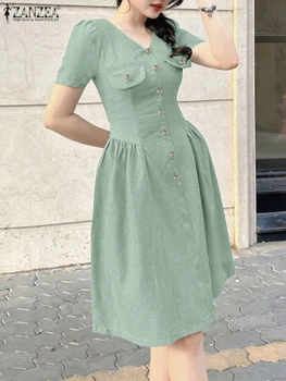 Elegante abito da ufficio OL ZANZEA donna scollo a V a vita vestito estivo da festa 2025 abito estivo elegante una linea pieghettata abiti da lavoro Robe 1