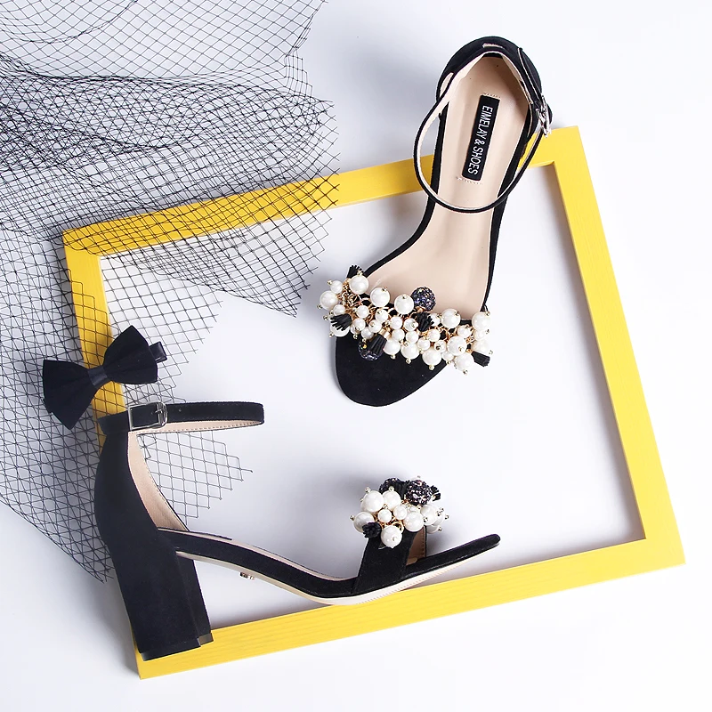 Black Suede Casual Women Sandals Open Toe Chunky Square Heel Pearl Flower Tassel Fashion Summer Shoes Daily Wear Ankle Strap
