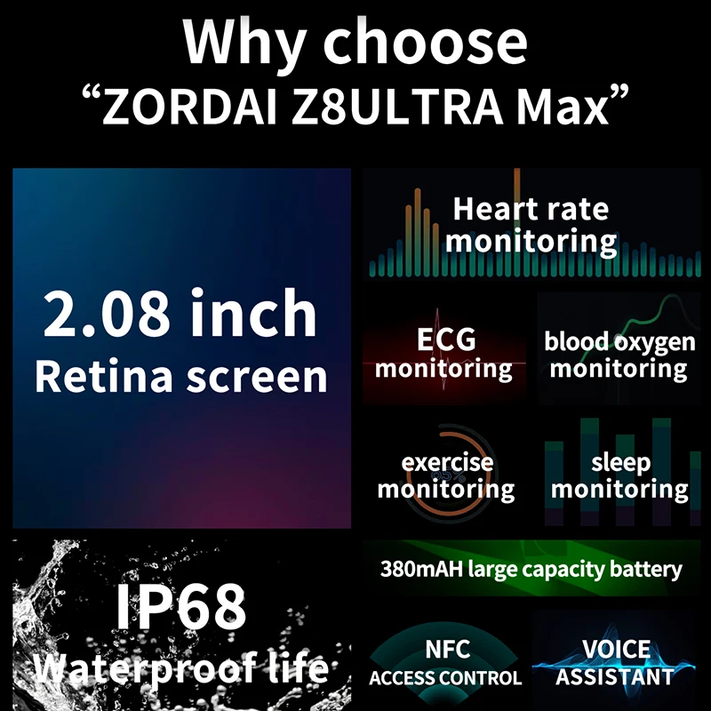 ZD8 U Ʈ ƽ Ʈ ġ, 49mm ƼŸ ձ ٵ, 2.08 ġ Ƽ ũ, BT ȭ, NFC ECG IP68  Ʈġ, 