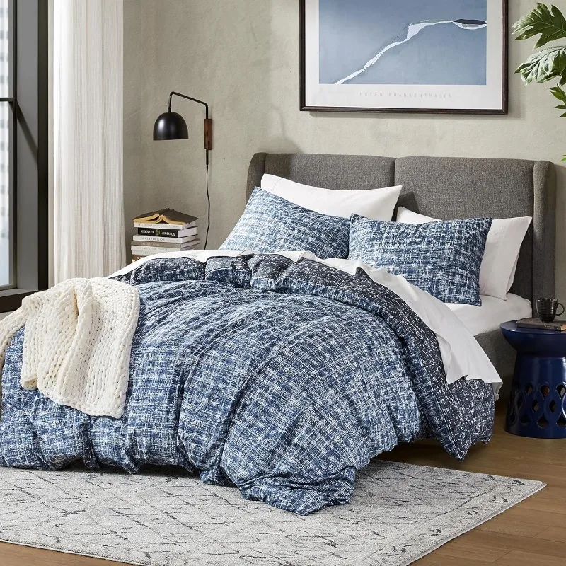 Duvet Cover King Size for Men, Blue Modern Denim Aesthetic Printed Comforter Cover, Masculine Plaid Lines Pattern Navy Duvet